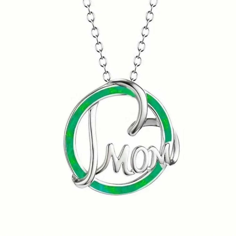 Silver and Green 'Mom' Pendant Necklace